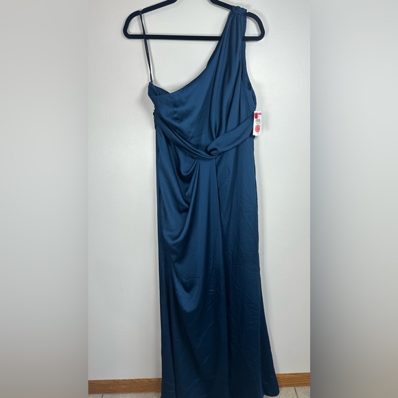 Dessy Collection One-Shoulder Draped Twist Empire Waist Trumpet Gown Sz 16 Blue - Picture 2 of 11